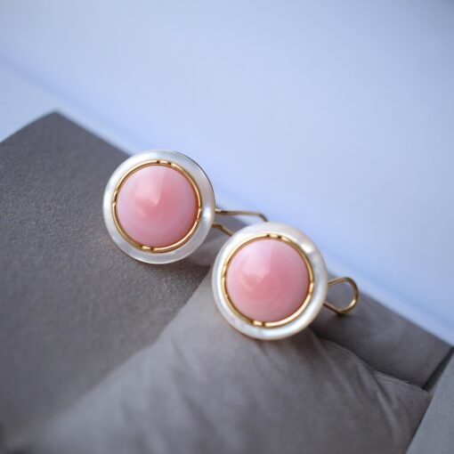Natural Pink Queen Conch Shell stud earring gold plated silver|Statement Pink Gemstone Jewelry|Unique Earring For Her|Bezel set stud Earring