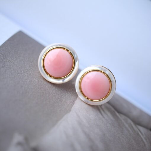 Natural Pink Queen Conch Shell stud earring gold plated silver|Statement Pink Gemstone Jewelry|Unique Earring For Her|Bezel set stud Earring - Image 2