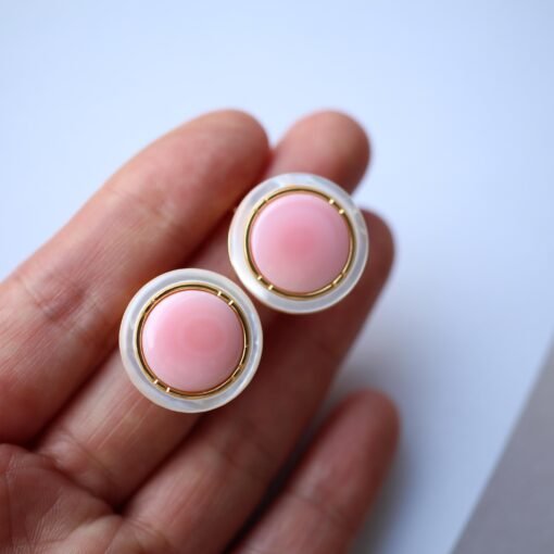Natural Pink Queen Conch Shell stud earring gold plated silver|Statement Pink Gemstone Jewelry|Unique Earring For Her|Bezel set stud Earring - Image 8
