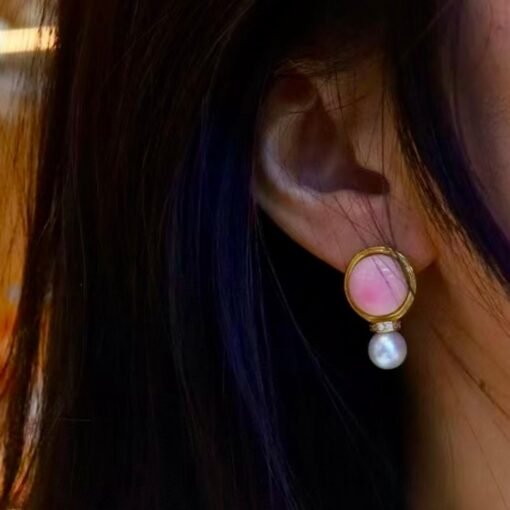 Genuine Pearl stud earring s925 silver|Vintage Pink Gemstone Jewelry|Unique Pearl Earring For Her|Real pearl earring|Bezel set Earring women - Image 4