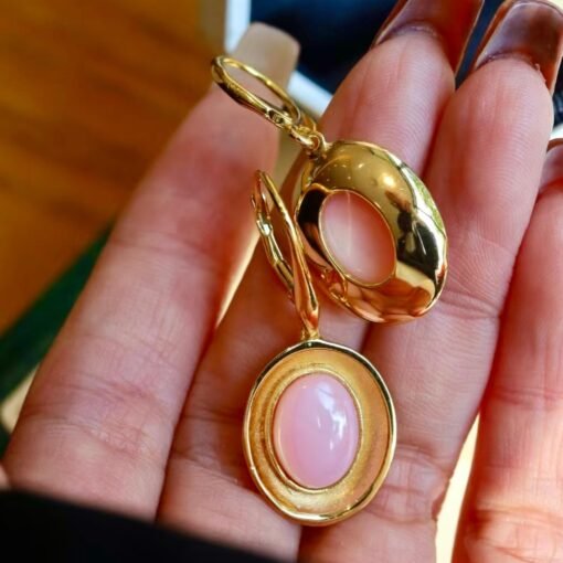 Natural Oval  Bezel Pink Queen Conch Shell drop with  earring silver/Art Deco Trendy Pink Gemstone Jewelry|Statement Unique Earring - Image 2