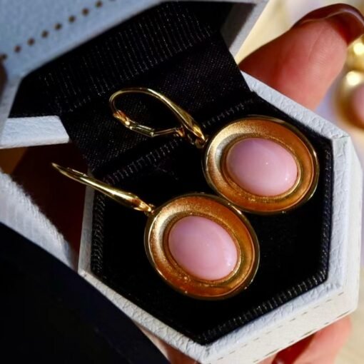 Natural Oval  Bezel Pink Queen Conch Shell drop with  earring silver/Art Deco Trendy Pink Gemstone Jewelry|Statement Unique Earring - Image 3