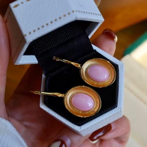 Natural Oval  Bezel Pink Queen Conch Shell drop with  earring silver/Art Deco Trendy Pink Gemstone Jewelry|Statement Unique Earring - Image 6