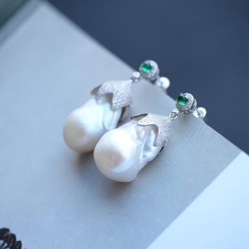 Unique Baroque Pearl Drop Earrings with Zircon silver|Big Natural Genuine Pearl Earrings women|Modern Art Deco Pearl Stud Earrings - Image 3