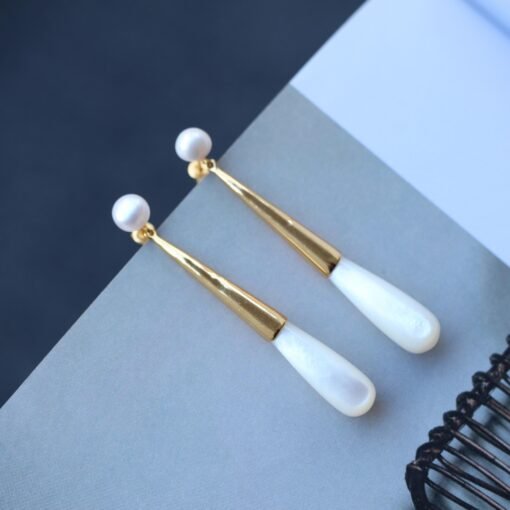 Natural Mother of Pearl Drop Earrings Silver|Unique White Gemstone Earrings|Statement Mother of Pearl Earring|Long Gemstone Earrings For Her - Image 5