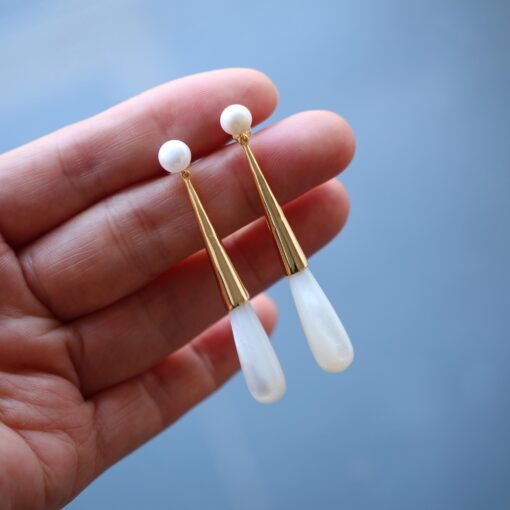 Natural Mother of Pearl Drop Earrings Silver|Unique White Gemstone Earrings|Statement Mother of Pearl Earring|Long Gemstone Earrings For Her - Image 2