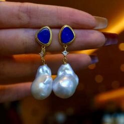Unique Pearl Drop Earrings With Lapis Lazuli Silver|Real Pearl Studs Earrings|Vintage Statement Pearl Earrings|Natural Handmade Earrings
