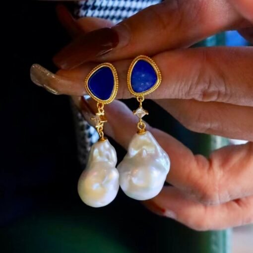 Unique Pearl Drop Earrings With Lapis Lazuli Silver|Real Pearl Studs Earrings|Vintage Statement Pearl Earrings|Natural Handmade Earrings - Image 3