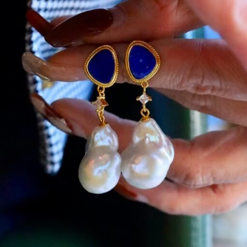 Unique Pearl Drop Earrings With Lapis Lazuli Silver|Real Pearl Studs Earrings|Vintage Statement Pearl Earrings|Natural Handmade Earrings - Image 2