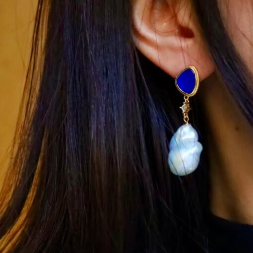 Unique Pearl Drop Earrings With Lapis Lazuli Silver|Real Pearl Studs Earrings|Vintage Statement Pearl Earrings|Natural Handmade Earrings - Image 4