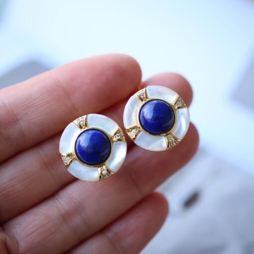 Genuine Lapis Lazuli Studs Earring sterling silver|Statement lapis lazuli studsFloral petal lapis lazuli studsHemisphere Lapis Lazuli stud - Image 2