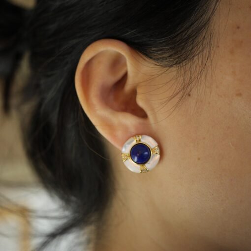 Genuine Lapis Lazuli Studs Earring sterling silver|Statement lapis lazuli studsFloral petal lapis lazuli studsHemisphere Lapis Lazuli stud - Image 8