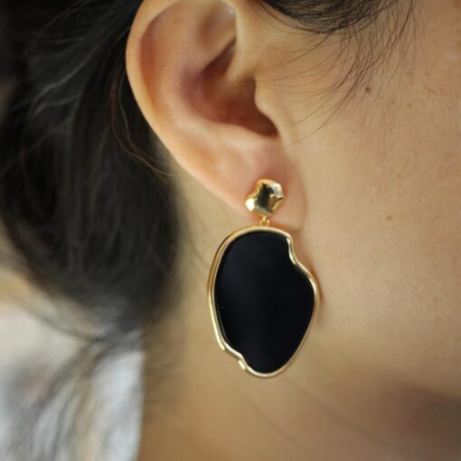 Unique Black Agate With Silver Hoop Earrings|Big Black Agate Earrings|Dainty Jewelry|Everyday Minimalist Earrings|Perfect Gift For Her - Image 5
