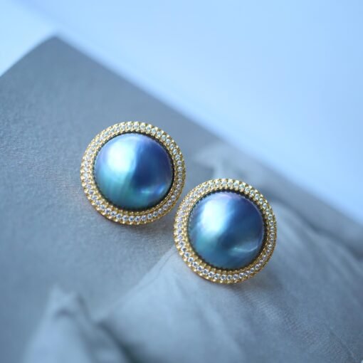Natural Mabe Pearl Studs with Zircon Sterling Sliver|Pearl Halo Zircon Stud|Statement Studs Earring|Real Pearl Stud|Perfect Anniversary Gift