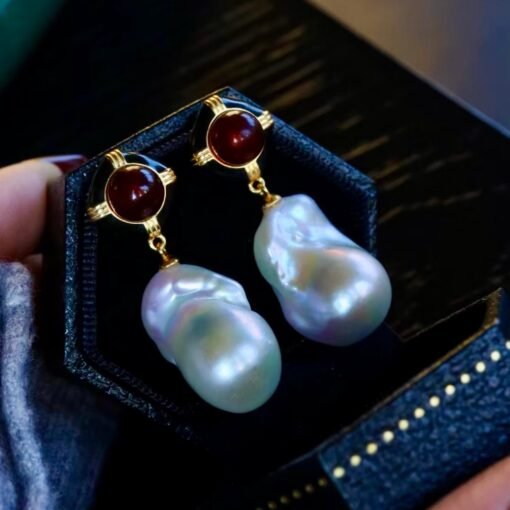 Natural Pearl Drop Earrings With Garnet Silver|Statement Modern Pearl Drop/Art deco Pearl Drop Women|Unique June Birthstone Gift - Image 3